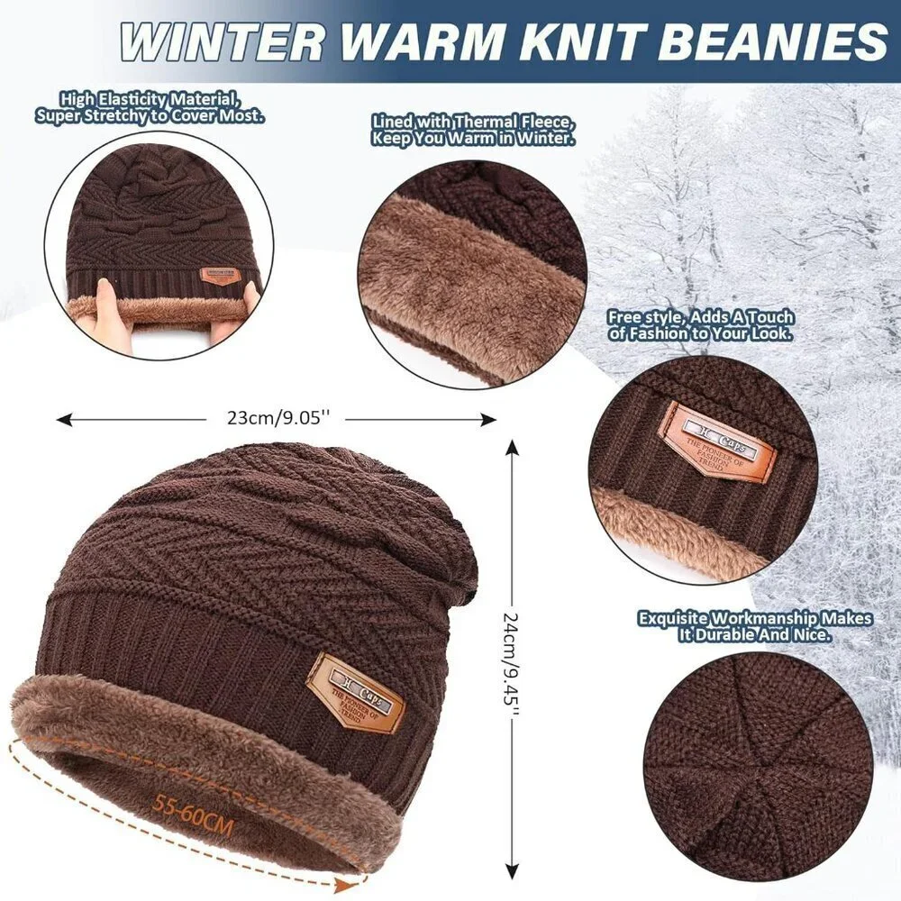 Men's Coffee Winter Warm Knit Thick Fleece Lined Skull Beanie Hat Scarf Set